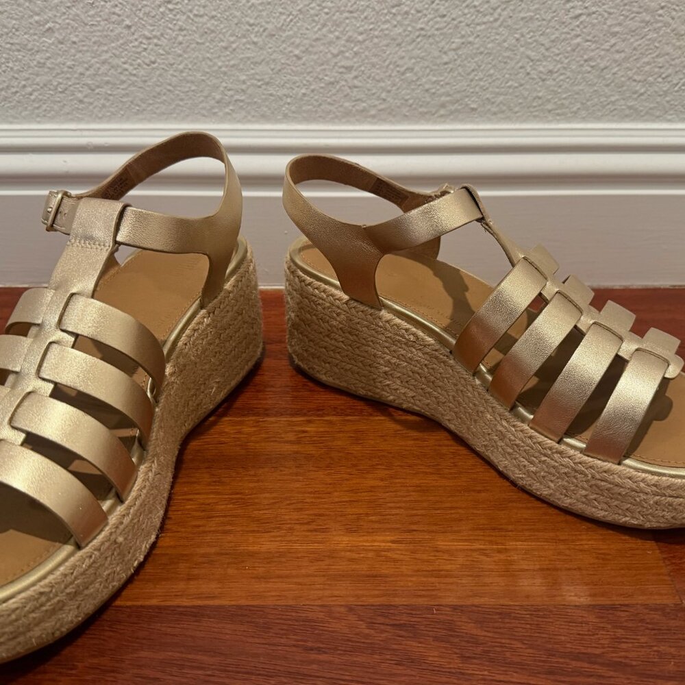 FitFlop Platforms Espadrille Metallic Gold Leather Wedge Sandals Size 9 - Picture 3 of 5